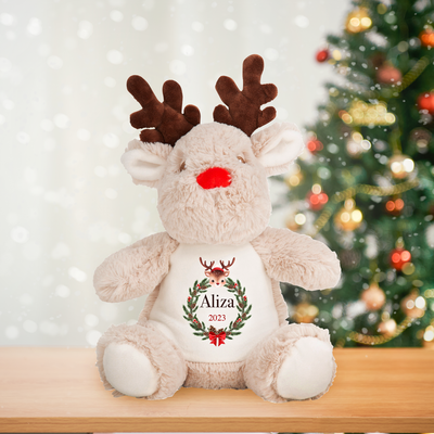 Personalised Christmas Reindeer Teddy Bear: Custom Keepsake Stocking Filler Gift for Girlfriend New Baby, Toddler - Hoolaroo