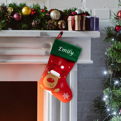 Personalised Embroidered Christmas Stocking with Santa, Penguin, Reindeer Snowman in Red & Green - Hoolaroo