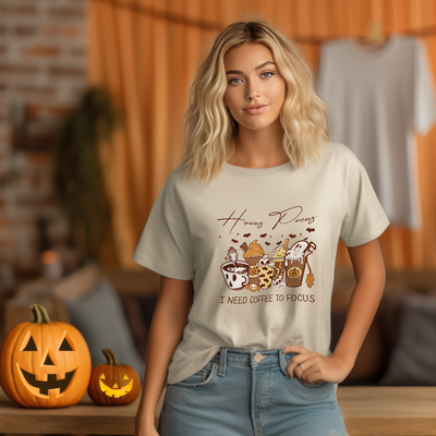 Ladies Halloween T-Shirt - Funny Vintage Retro Spooky Season Coffee Cup Design Hocus Pocus - I Need Coffee To Focus - Hoolaroo