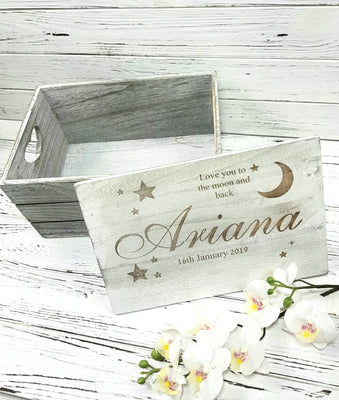 Personalised Engraved Baby Keepsake Box, Love you to the moon and back Baby Memory Box Gift - Hoolaroo