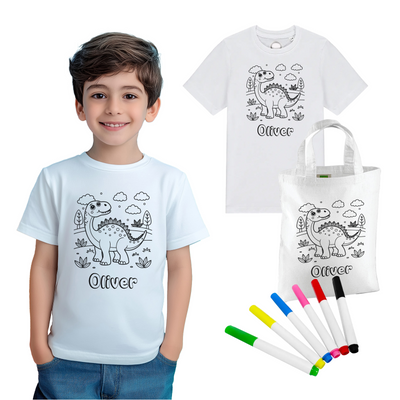 Personalised Colouring in T shirt, + Colour Your Own Bag, Washable Pens, Design Your Own Tshirt, Dinosaur Gift For Boys