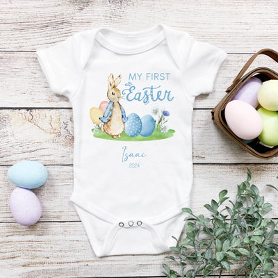 Personalised Babygrow Baby Grow Boy My 1st Easter New Baby Gift Rabbit Blue Vest Outfit Bodysuit Clothing - Hoolaroo