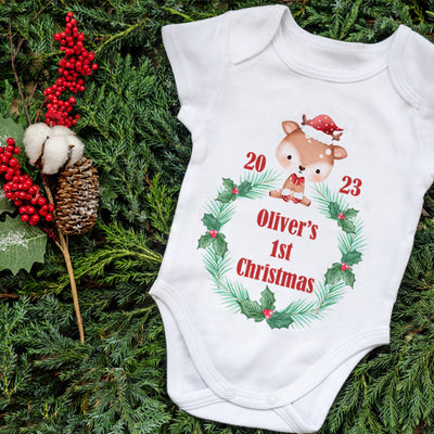 Personalised Baby's 1st Christmas Outfit - Santa's Reindeer Bodysuit Cotton BabyGrow Vest Girl Boy Unisex Gift Name - Hoolaroo