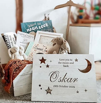 Personalised Engraved Baby Keepsake Box, Love you to the moon and back Baby Memory Box Gift - Hoolaroo