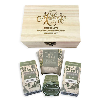 Personalised Mothers Day Gift Engraved Box Set with Handmade Soap, Natural Bath Shower, Rose, Serenity Spa Present for Mum, Nan, Nanny, Gran
