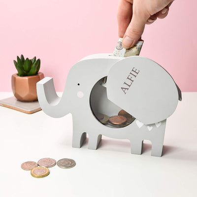 Personalised Engraved Baby Vintage Wooden Elephant Money Box Bank - Hoolaroo