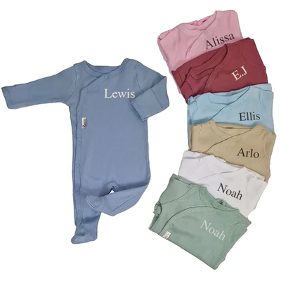 Personalised Embroidered Sleepsuit & Matching Baby Hat - 0-3 Months Custom Pyjamas - 100% Cotton, Earth Colours, OEKO-TEX Certified - Hoolaroo