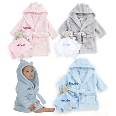Personalised Baby Dressing Gown Embroidered Baby Robe Present Custom New Baby Gift Set Elephant Comforter - Hoolaroo