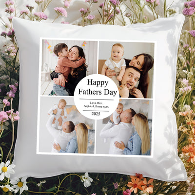 Personalised Cushion with 4 Photo Upload and Custom Text - Customisable Pillow Gift for Fathers Day Dad Mum Daddy – Unique Photo Cushion