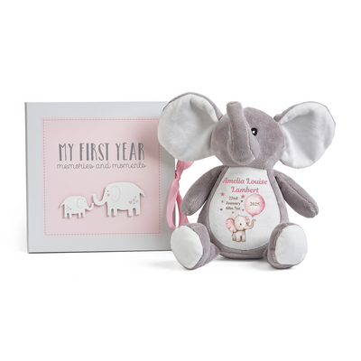 Personalised Baby Girl Gift Set Elephant Teddy + My First Year Record Book Pink New Baby Girl Gift