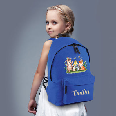 Personalised Boho Forrest Animals Backpack for Boys and Girls Large 18L Kids Rucksack Royal Blue Design School Bag for Nursery and Toddlers Customisable Children's Baby Pack 42x31x21cm - Hoolaroo