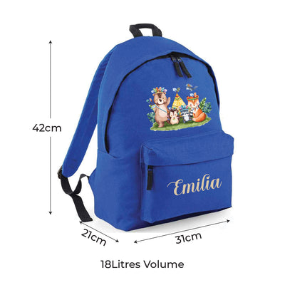 Personalised Boho Forrest Animals Backpack for Boys and Girls Large 18L Kids Rucksack Royal Blue Design School Bag for Nursery and Toddlers Customisable Children's Baby Pack 42x31x21cm - Hoolaroo