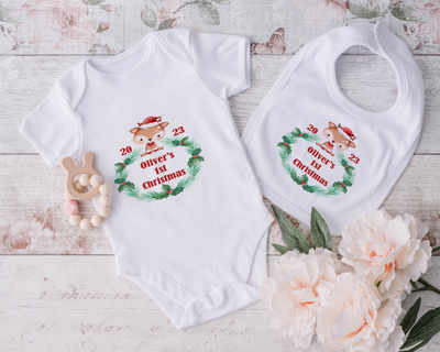 Personalised Baby's 1st Christmas Outfit - Santa's Reindeer Bodysuit Cotton BabyGrow Vest Girl Boy Unisex Gift Name - Hoolaroo