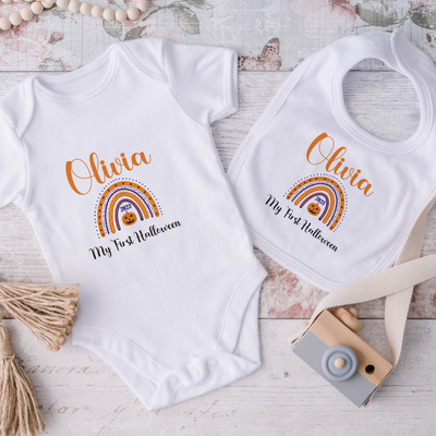 Personalised Baby First Halloween Rainbow Baby Grow Bodysuit 1st Halloween Outfit Cotton BabyGrow Vest Girl Boy Unisex Gift Name - Hoolaroo