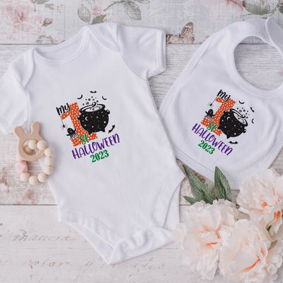 Personalised Baby First Halloween Baby Grow Bodysuit 1st Halloween Outfit Cotton BabyGrow Vest Girl Boy Unisex Gift Name - Hoolaroo