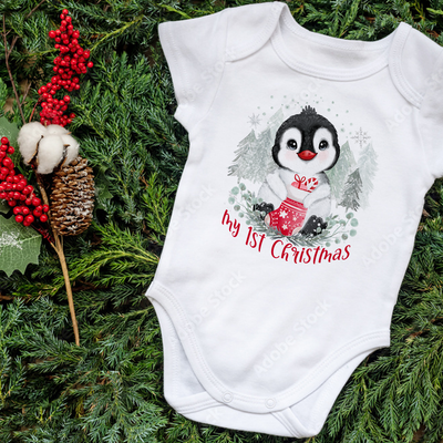 My First Christmas Penguin Baby Grow Bodysuit 1st Christmas Outfit Cotton BabyGrow Vest Girl Boy Unisex Gift Name - Hoolaroo