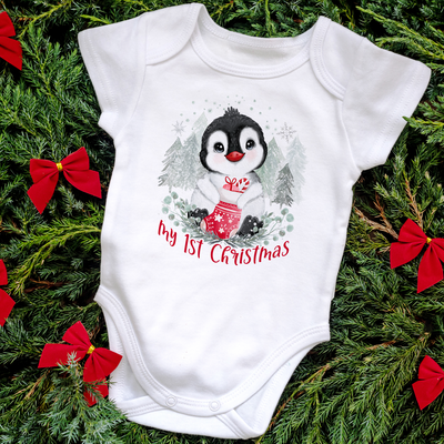 My First Christmas Penguin Baby Grow Bodysuit 1st Christmas Outfit Cotton BabyGrow Vest Girl Boy Unisex Gift Name - Hoolaroo