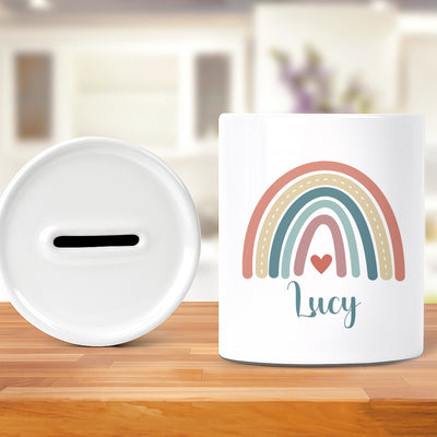 Personalised Money Bank Boho Rainbow Design – Kids Money Box Customised Gift for Baby or Child – Unique Girls or Boys Nursery Keepsake