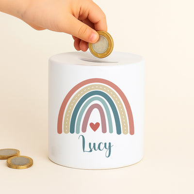 Personalised Money Bank Boho Rainbow Design – Kids Money Box Customised Gift for Baby or Child – Unique Girls or Boys Nursery Keepsake