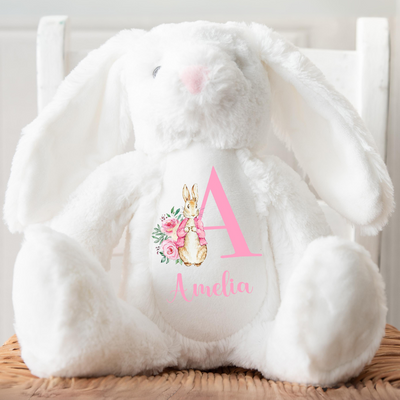 Personalised Bunny Rabbit Letter Name Baby Cream Pink Gift For Newborn Girl Teddy Bear 23cm New Baby Present Easter - Hoolaroo