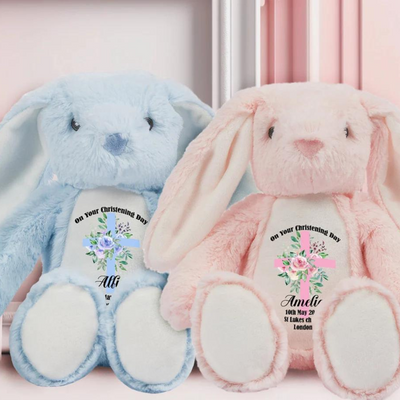 Personalised Christening Bunny Baptism Gifts For Girls Boys Christening Present Godson Goddaughter Baby Rabbit Keepsake Pink Blue 23cm - Hoolaroo
