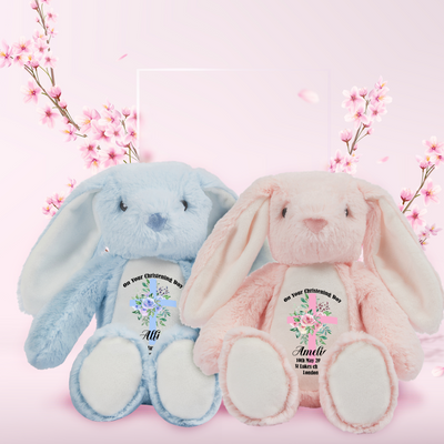 Personalised Christening Bunny Baptism Gifts For Girls Boys Christening Present Godson Goddaughter Baby Rabbit Keepsake Pink Blue 23cm - Hoolaroo