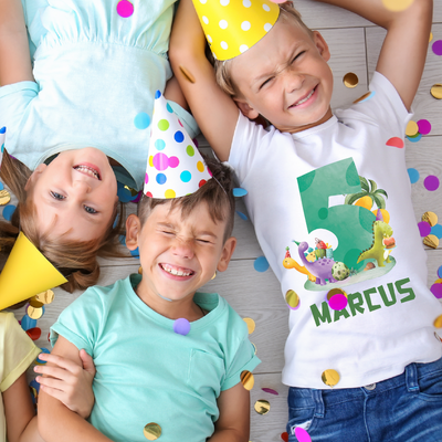 Personalised Dinosaur Birthday T-Shirt - Kids Party Shirt for Boys Age 1 to 6 - Hoolaroo