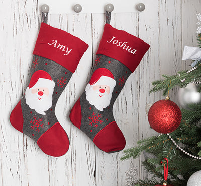 Personalised Embroidered Christmas Grey Red Stocking Santa 40cm - Hoolaroo