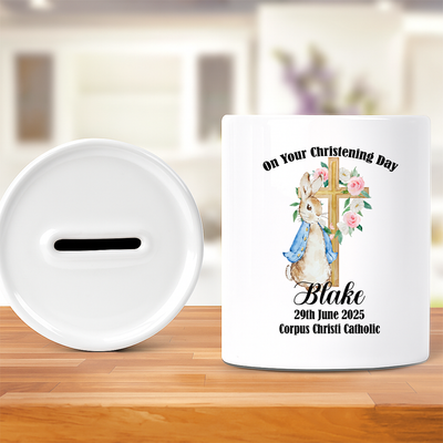 Personalised Money Bank Christening Gift for Boys – Blue Ceramic Baptism Money Box – Customised Gift with Cross Design for Baby or Child – Ideal Keepsake Present