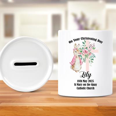 Personalised Money Bank Christening Gift for Girls in Pink – Custom Ceramic Baptism Money Box with Cross – Ideal Baby or Child Keepsake Gift