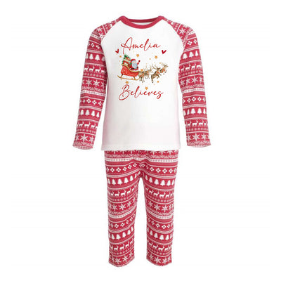Personalised Christmas Pyjamas for Kids & Toddler Xmas PJs Believes Santa Sleigh Design PJs - Hoolaroo