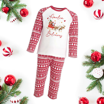 Personalised Christmas Pyjamas for Kids & Toddler Xmas PJs Believes Santa Sleigh Design PJs - Hoolaroo