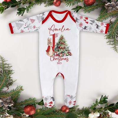 Personalised Christmas Sleepsuit Pyjamas for Kids – My First Christmas Xmas PJS with Bunny Rabbit Design 1st - Hoolaroo