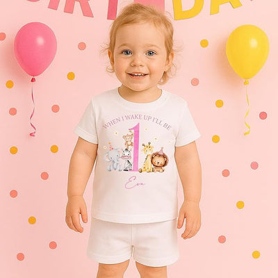 When I Wake Up I Will Be 1 2 3 4 5 Short Sleve Birthday Pyjamas PJs Girl Pink Jungle Design