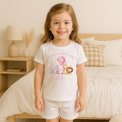 When I Wake Up I Will Be 1 2 3 4 5 Short Sleve Birthday Pyjamas PJs Girl Pink Jungle Design