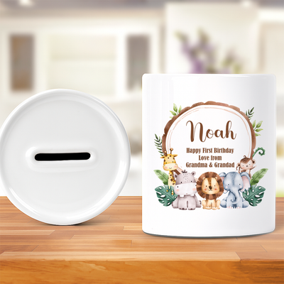 Personalised Money Bank Jungle, Kids Ceramic Money Box Customised Gift Baby Child 1st Birthday