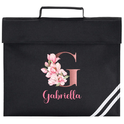Personalised School Book Bag for Girls – Rose Gold Floral Initial – Customised A4 Document and Homework Folder – Durable Lightweight Kid’s School Bag – Custom Name Printing