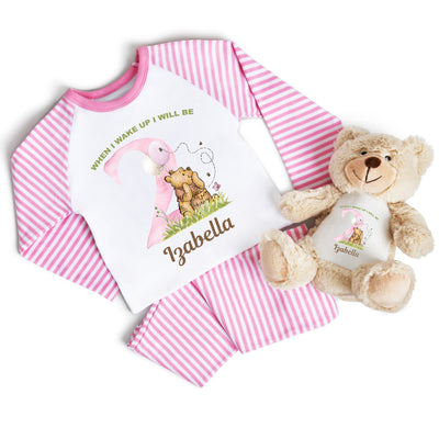 Personalised Birthday Pyjamas - When I Wake Up I Will Be 1 2 3 4  Girl Pink Honey Teddy Bear Gift Set