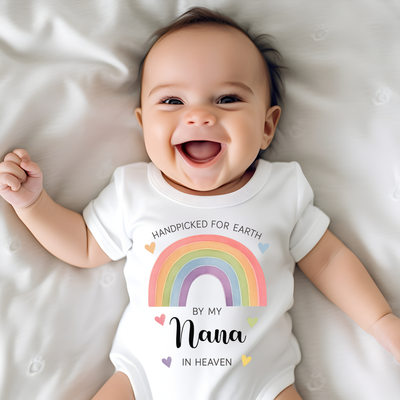 Personalised BabyGrow Vest – Handpicked for Earth Rainbow Bodysuit – Custom Newborn Gift for Baby – Soft Cotton Baby Outfit – Unisex Baby Shower Present
