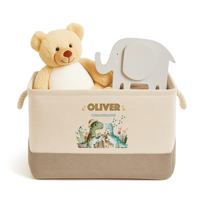 Personalised Dinosaur Kids Toy Box Storage Caddy Basket Canvas With Handles – Custom Print Organiser Bin for Bedroom Nursery Playroom