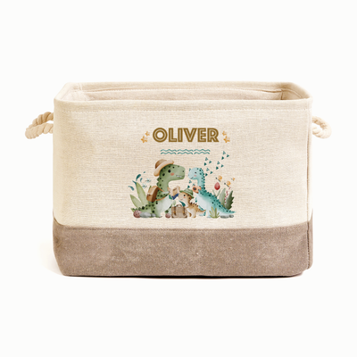 Personalised Dinosaur Kids Toy Box Storage Caddy Basket Canvas With Handles – Custom Print Organiser Bin for Bedroom Nursery Playroom