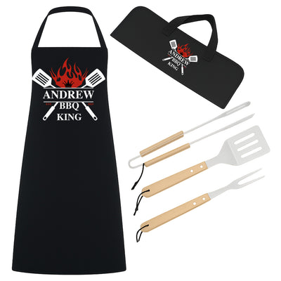 Personalised BBQ King Gift Set - 3 Piece Stainless Steel BBQ Tongs Tool Set with Wooden Handles & Custom Apron - Ideal Present for Men