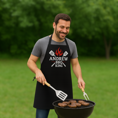 Personalised BBQ King Gift Set - 3 Piece Stainless Steel BBQ Tongs Tool Set with Wooden Handles & Custom Apron - Ideal Present for Men
