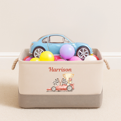 Personalised Kids Toy Box Storage Caddy Basket With Handles  – Racing Car Storage Basket for Boys Bedroom or Playroom Customised with name