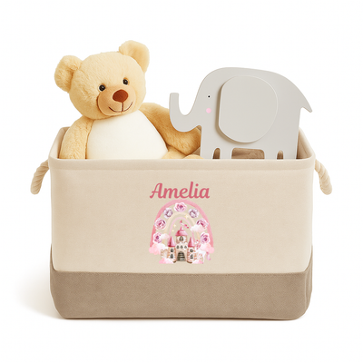 Unicorn Castle Personalised Toy Box Storage Caddy Basket Canvas With Handles Print Organiser Bin for Bedroom Nursery Playroom