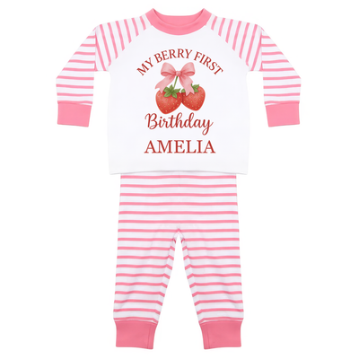 Personalised Berry First 1st Birthday Pyjamas for Toddler Girl – Custom Strawberry Themed PJs – First Birthday Gift Outfit – Soft Cotton Sleepwear