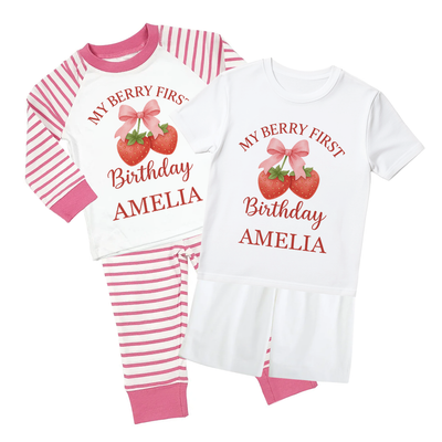 Personalised Berry First 1st Birthday Pyjamas for Toddler Girl – Custom Strawberry Themed PJs – First Birthday Gift Outfit – Soft Cotton Sleepwear