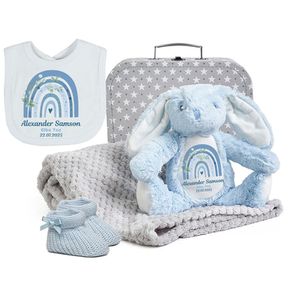 Large Personalised Bunny Gift Set Booties Bib, Blanket Teddy Bears For Boys Girls Babies Newborn Gift New Baby Boy Easter Present Suitcase Box Gifts Keepsake Soft Toy Grey