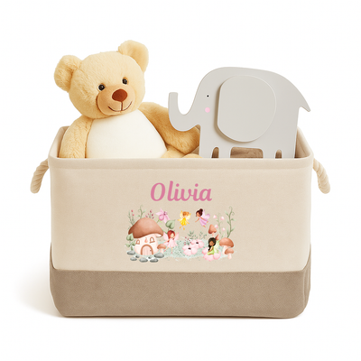 Fairy Garden Personalised Kids Toy Box Storage Caddy Basket Canvas With Handles – Fairy Print Organiser Bin for Bedroom Nursery Playroom