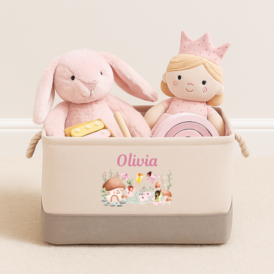 Fairy Garden Personalised Kids Toy Box Storage Caddy Basket Canvas With Handles – Fairy Print Organiser Bin for Bedroom Nursery Playroom